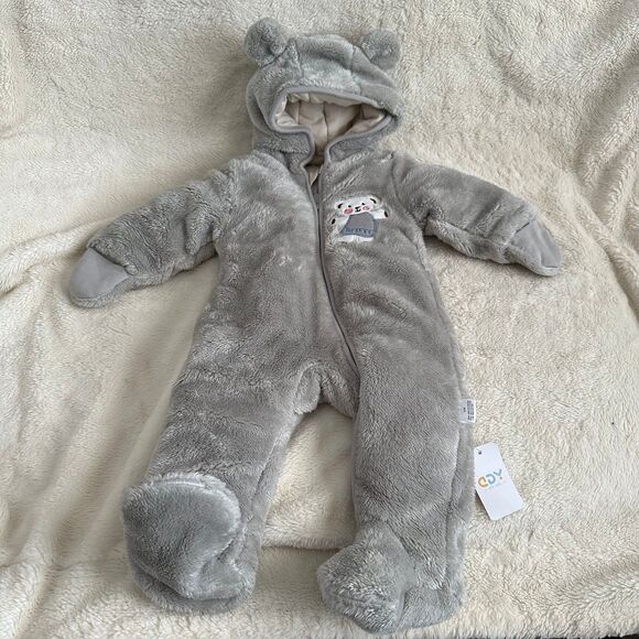 CDY Grey Bear Baby Snowsuit Costume 6-9 Month Outfit Zip Up Soft Unisex Girls - Picture 1 of 6